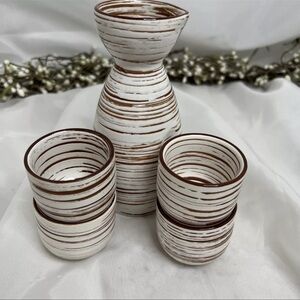 Pier 1 SUKI White Brown Embossed Geometric Ceramic Vase Pottery Striped Set